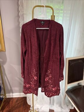 Embroidered Open-Front Suede like material Cardigan Sweater - Wine